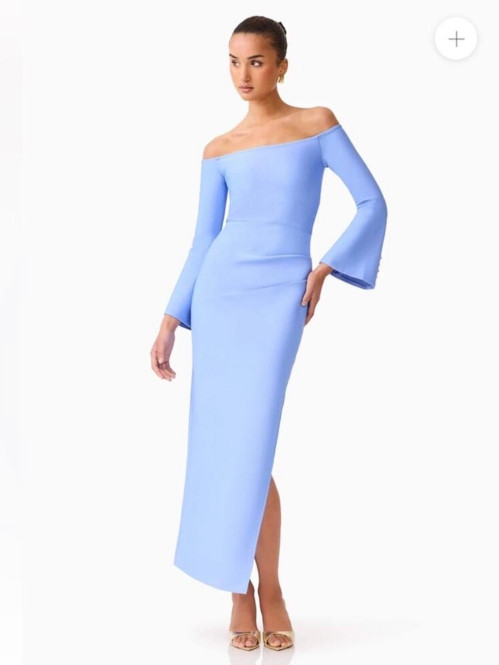 elliatt sonya blue fitted side slit off the shoulder long maxi dress size XS NEW